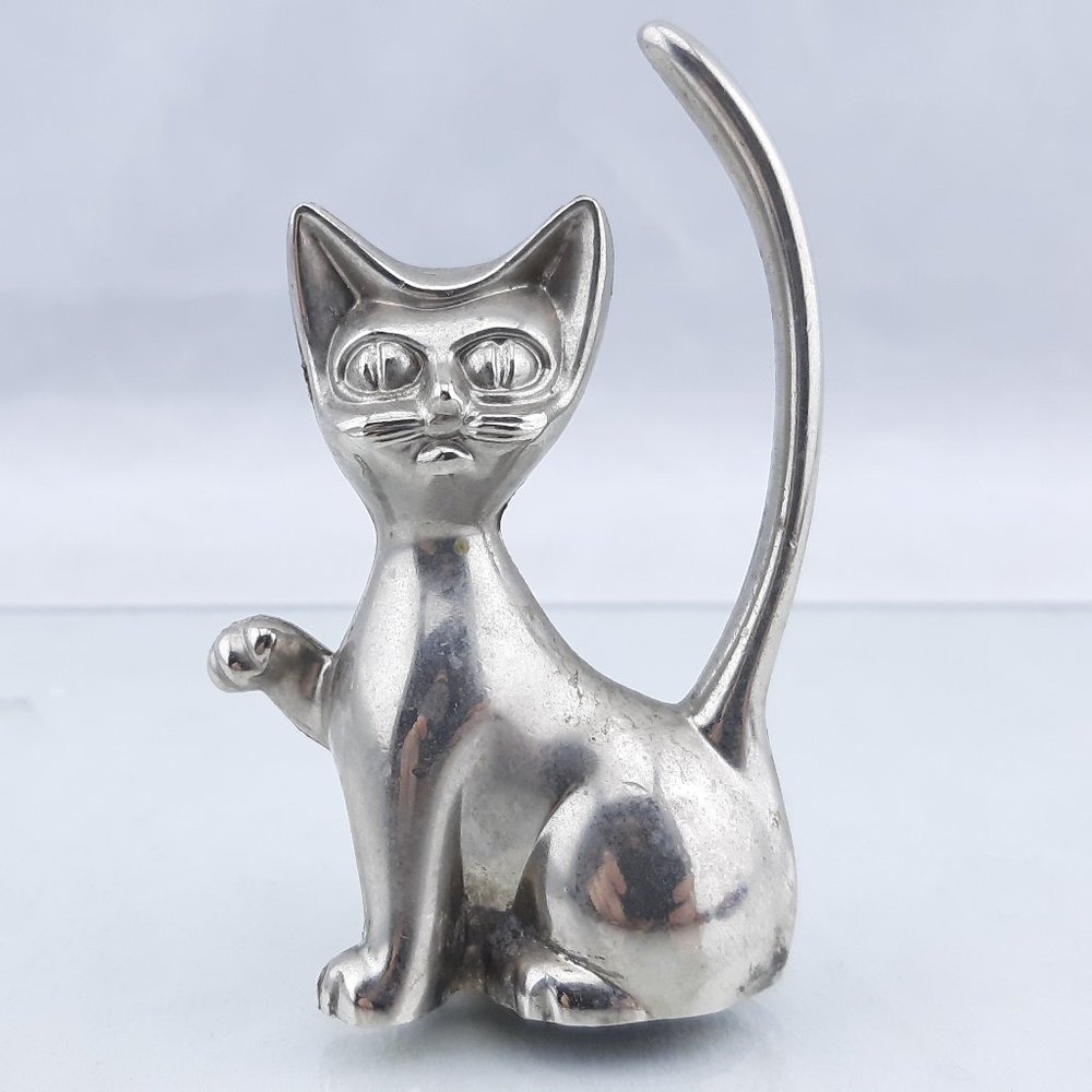 VTG Silver Plate Cat Figure Metal Trinket Statue